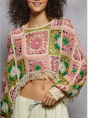POL Crocheted Patchwork Fringe Sweater - Pink & Green